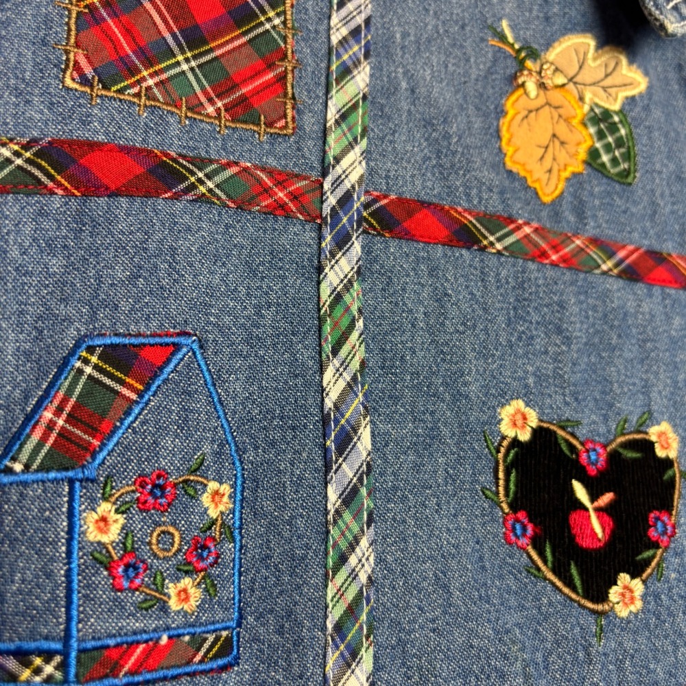 Cottagecore Denim Button Top Womens Medium M Blue Patchwork Folk Art Vintage 90s - Picture 8 of 11